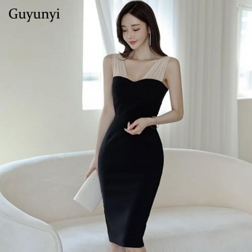 High Waist Tight Office Lady Dress 2021 Summer Simple Black Sexy V-Neck Sleeveless Backless Fashion Womens Elegant Party Dress