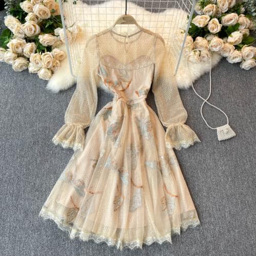 2021 Autumn Gorgeous Bright Silk Vintage Mesh Dress Women Flare Long Sleeve Ruffles Elegant Flowers Embroidery Party Vestidos