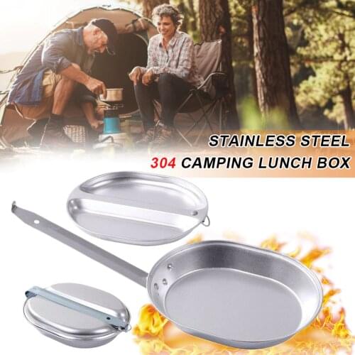 2 In 1 Camping Frying Pan and Plate Stainless Steel Camping Mess Kit Foldable Handle Outdoor Camping Travel Cookware Accessories