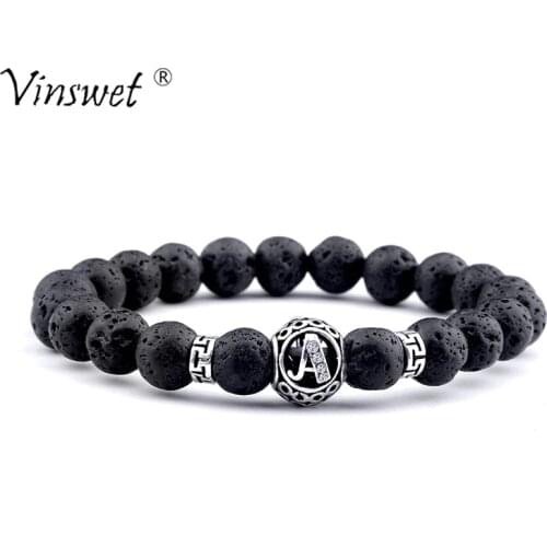 Silver-Color 26 Letters Beads Bracelet Diffuser Lava Stone Bracelets Women Men Fashion Friendship Lucky Jewelry Kids Family Gift