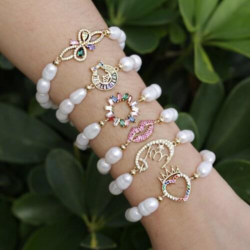 Pure white natural freshwater pearl pave gold rainbow cz various shape beaded bracelet for woman girl charm jewelry gift 2020