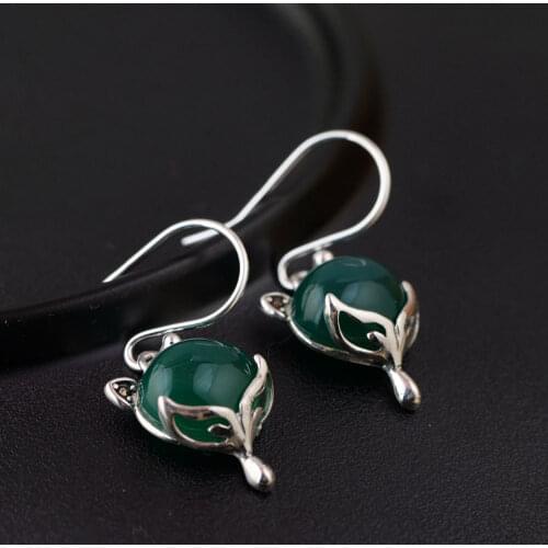 FNJ 925 Silver Fox Earrings for Women Jewelry Hang Green Yellow Chalcedony S925 Sterling Silver boucle d'oreille Drop Earring