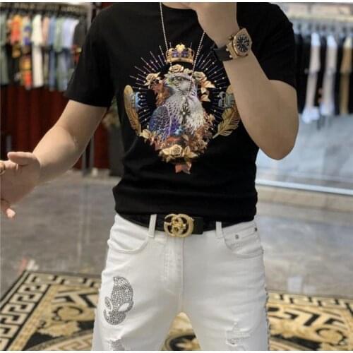 Mens T-shirt Mercerized Cotton Europe Style 2021 Summer New Fashion Brand Colorful Laser Baroque Eagle Rhinestone Tees Male Top