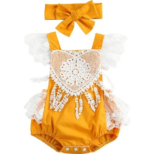 Summer Infant Girls Romper with Bow Hairband Lace Flying Sleeve Floral Bodysuits Trouser Newborn Baby Clothing Suits