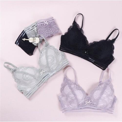 New Wire Free Lace Bra Set Thin Bralette Panties Set Hollow Out Sexy Lingerie Bra Briefs Set Soft Underwear for Women