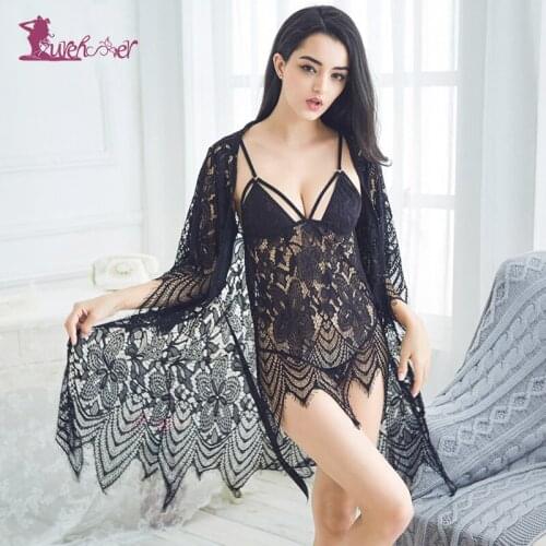 Lurehooker 2017 3 Pieces Sexy Lingerie Hollow Out Eyelashes Lace Babydoll Nighty Erotic Underwear with G-string Porn Bathrobes