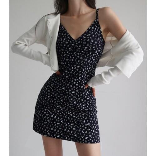 5 Medium Colors American Girl Sexy V-neck Black Floral Dot V Neck Sexy High Waist Slimming A-line Casual Holiday Mini Dress 1OME