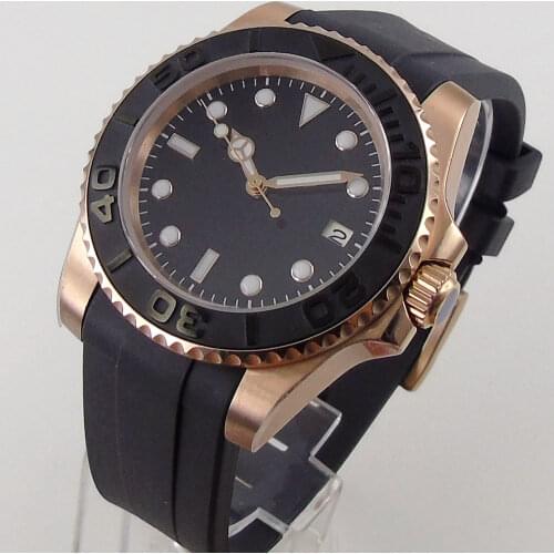 40mm Rose Gold Bliger Automatic Mens Watch Black Dial Date Japan NH35/NH35A Miyota 8215 Movement Rubber Strap Sapphire Crystal