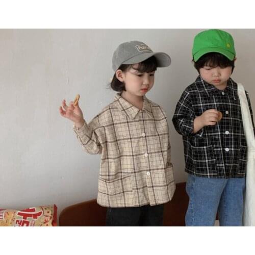 2021 new girls boys plaid shirt cotton linen full sleeve autumn kids top