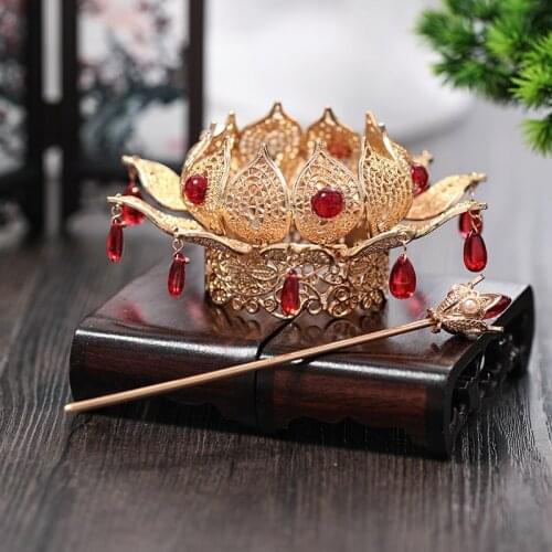 Original Hair Crown Vintage Gold Silver Color Crystal Bride Ancient Ornaments Pearls Headdress Lotus Plate Hairbands Accessory