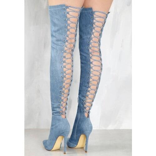 Sexy Women Back Cut-Out Crossed Elastic Blue Denim Thigh Boots Pointed Toe Zip over the knee Jean Boots Fashion Dress Shoes