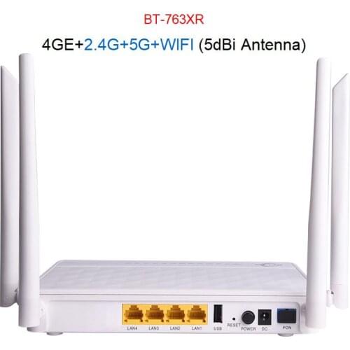 Simple Packing Hot Sell Epon OLT Gpon ONT 5dBi 4 Antennas Ftth Modem 4GE AC WiFi 1USB 2.4G+5G Xpon Dual Band ONU