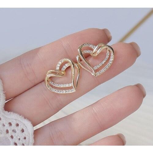 Romantic 14K Gold Plated Pierced Heart Stud Earrings for Women Japanese&Korea Delicate Jewelry Zircon Earrings