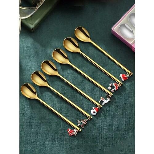 Christmas Pendant Stainless Steel Tableware Spoon Ice Cream Stirring Coffee Spoon Handle Tea Spoons Kitchen Hot Drinking Spoon