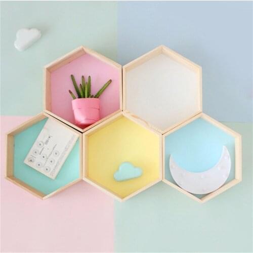 S/L Nordic Hexagonal Shelf Organizer Pink Wooden Shelves Wall Rack Hanger Kids Room Decoration Fashion Storage Holders & Racks
