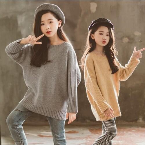 Girls Grey Sweater Autumn Winter Baby Girl Pure Color Knitted Sweater Children Top Outfits Kids Diamond Pattern Sweaters10 12 14