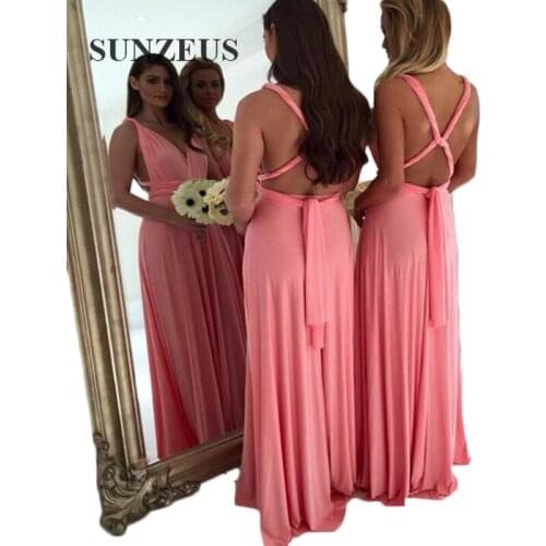 A-line Spaghetti Straps V Neck Backless Sexy Bridesmaid Dresses Long Jersey robe demoiselle d'honneur SAU384