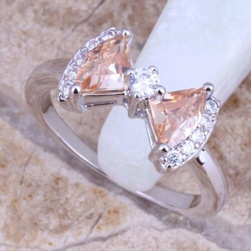 Admirable Champagne Morganite White CZ Silver Plated Fashion Ring Size 5 / 7 E147