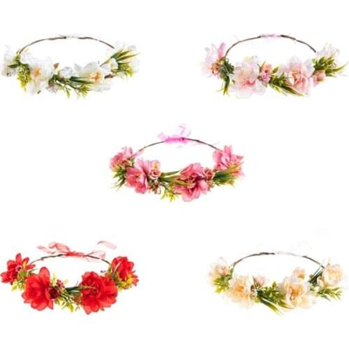 Boho Artificial Flower Garland Crown Wedding Bride Bridesmaid Headband Halo Wreath with Adjustable Ribbon Photo Props