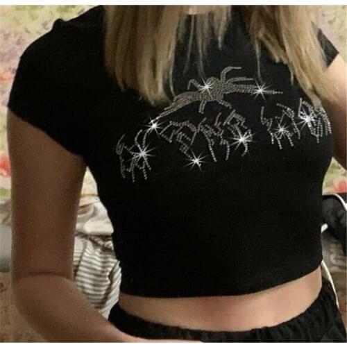Vintage Rhinestone Spider Graphic Black Women T-shirts Y2K O-neck Short Sleeve Korean Streetwear Crop Tops Aesthetics Girl Tees