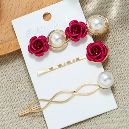 2020 New Korean 3 Pcs Clip Rose Flower Bangs Hairpin Fashion Vintage Pearl Hair Clips for Women Jewelry Barrettes Set Duftgold