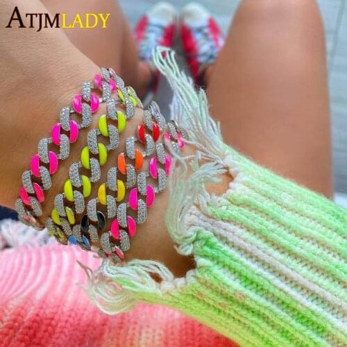 Fashion iced out bling cz hip hop women jewelry neon enamel green blue color 11mm width rainbow cuban link chain bracelet