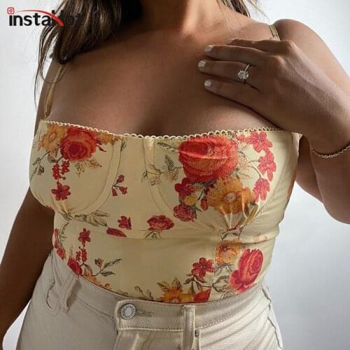 InstaHot Women Harajuku Floral Print Crop Top Sexy Club Camisole 2021 Summer Sleeveless Spaghetti Strap Streetwear Casual Top