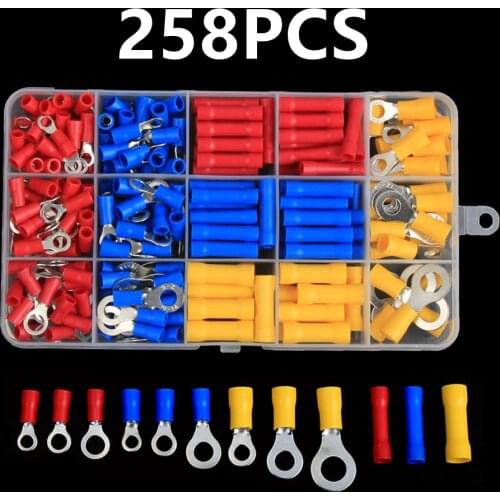 258PCS RV Ring Crimp Terminals Electrical Crimp Terminal Kit Insulated Terminal Cable Wire Connector Butt Terminals AWG22-10