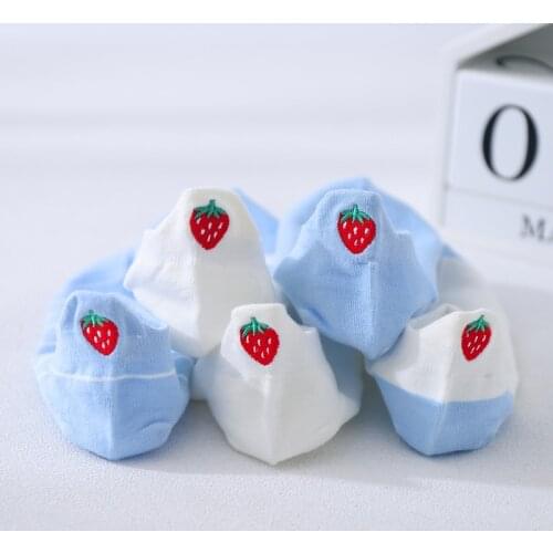 5 Pairs Spring Summer Kawaii Embroidery Casual Strawberry Women Socks Cotton Short Socks Light Blue White Striped Ankle Socks