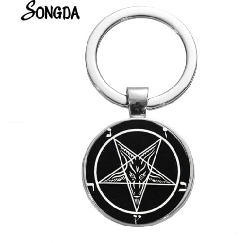 Retro Red Goat Pentagram Metal Keychain Gothic Style Inverted Pentagram Crystal Silver Plated Keychains Satanism Llaveros