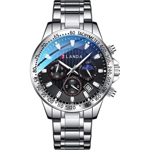 JLANDA Luminous Stainless Steel Chronograph Waterproof Black Watches Male Quartz Watch Casual Fashion Sports Mens Luxury J6510