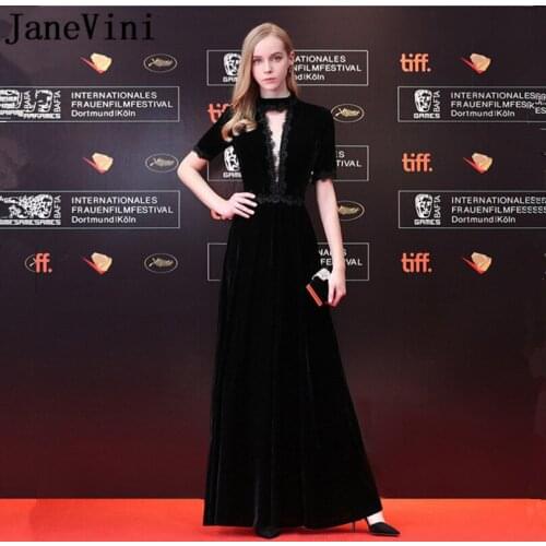 JaneVini Black Velvet Long Bridemaids Dress With Sleeves 2019 Lace Beaded A Line Formal Prom Party Dresses For Wedding Guest