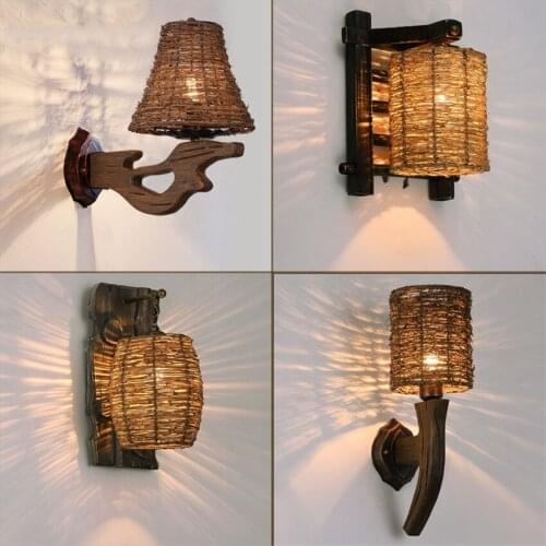 American Country Handmade Wooden Wall Lamps Retro Cafe Restaurant Southeast Asian Aisle Vines Shade Sconce Wall Lights Rattan
