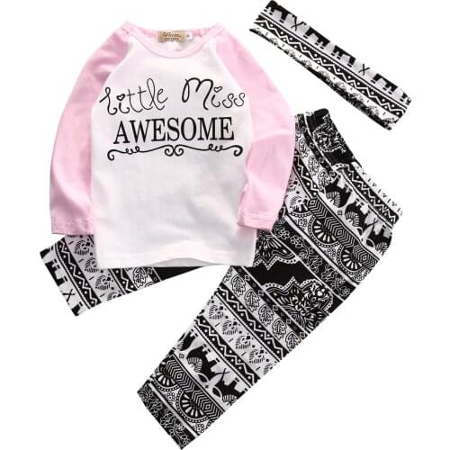 Toddler Baby Kids Girls Letter Print Long Sleeve Clothes T-shirt Patchwork Tops Long Pants Headband Autumn Spring Outfits Set