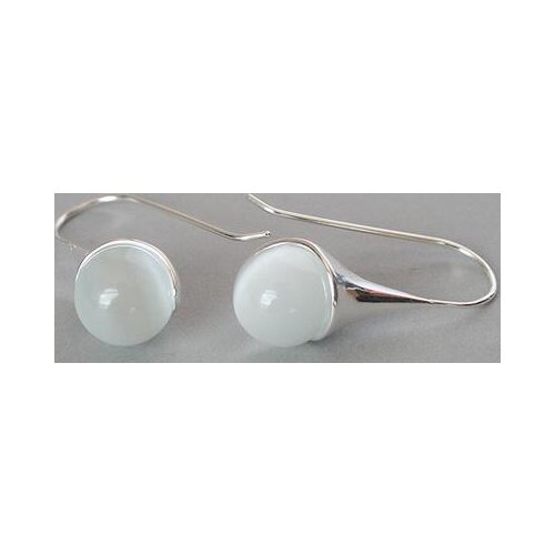 Pretty 14mm White Cats Eye jade Opal 925 Sterling Silver Hook Earring