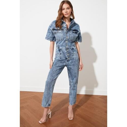 Blue Front Button, Pocket Detail Denim Overalls, Modern Design, Natural Woven Cotton, Casual, 4 seasons