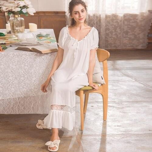 Short Sleeved Cotton White Vintage Court Style Night Dress Long Skirt Lace Female Loose Home Wear Elegant Gown s NW07