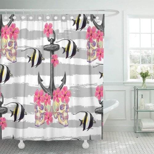 Skull Flower Fish Anchor Ocean Vacation Travel Summer Sea Shower Curtain Waterproof Polyester Fabric 72 x 78 Inches Set