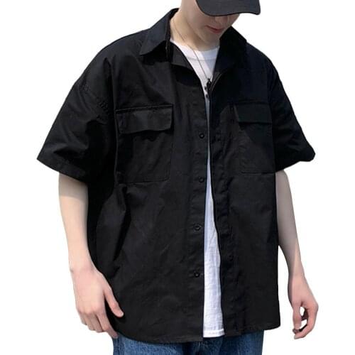 Fashion Men Shirts Short Half Sleeves Tooling Shirt Pocket Street Men Plain Loose Casual Blouse Top Mens Clothing 2021
