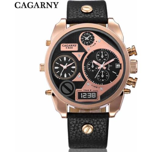 CAGARNY Watches Men Quartz Watches Men Rose Gold Case Men Wristwatches Leather Watchband Dual Time Zones Military Reloj Hombre