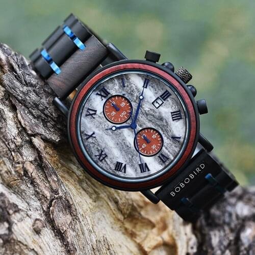 Mens Chronograph WristWatch Marble Tone Dial Luxury Male Quartz Wood Watch Dual Display New Watches BOBO BIRD Relogio Masculino