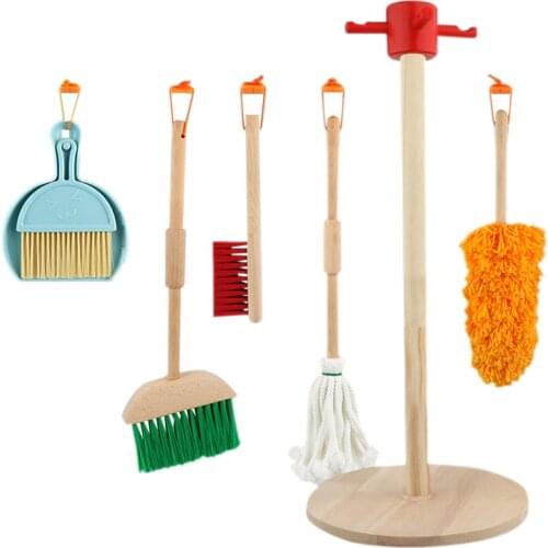 Wooden House Cleaning Kit Simulation Broom Mop Pretend Play Cleaning Toy Set Gift For Children Boys Girls