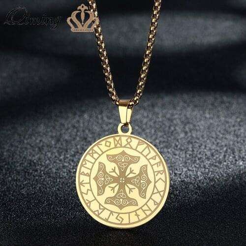 Stainless Steel Slavic Viking Necklace For Men Women Jewelry Retro Nordic Rune Amulet Round Charm Cross Necklace Collar