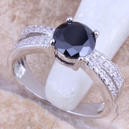 Superb Black Cubic Zirconia White CZ Silver Plated Ring Size 6 / 7 / 8 / 9 R1559