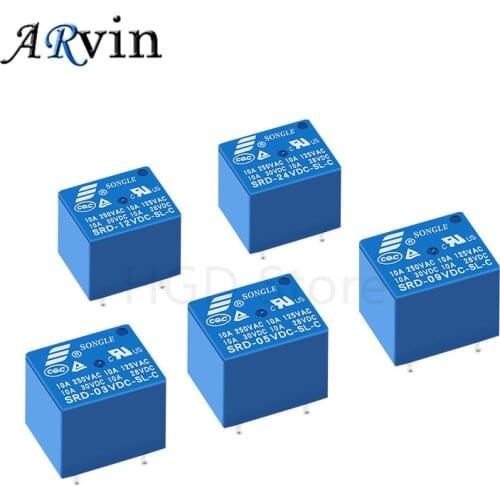 5pcs Relays SRD-05VDC-SL-C SRD-12VDC-SL-C SRD-24VDC-SL-C 5 Pin DC 3V 5V 6V 9V 12V 24V 48V 10A 250VAC 5PIN Power Relays