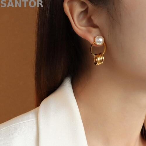 Korea Sytle Personality Double Ring Pearl Earrings Titanium Steel Gold Plated Punk Earring Set