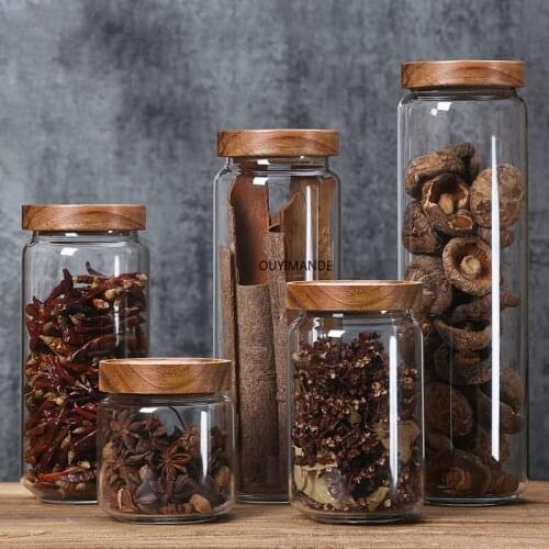 Wood Lid Glass Kitchen Storage Bottles Jars Food Container Grains Tea Coffee Beans Airtight Canister Grains Candy Jar Containers