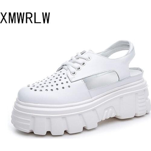 XMWRLW Genuine Leather Women Summer Sandals Casual Lace up Flat Platform Woman Shoes 2020 Summer Ladies Comfortable Sandals Shoe