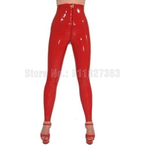 100% Latex Leggings Women Red Latex Trousers Sexy Slim Rubber High Waist Pants Front Crotch Zipper