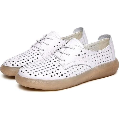 Tilocow Retro Genuine Leather Women Flats Hollow Out Lace Up Shoes For Ladies Summer Casual Flat Platform Soft Bottom Footwear